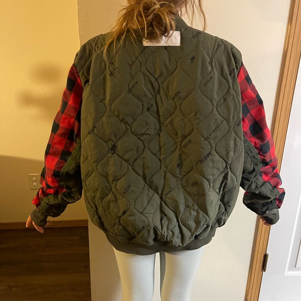 Nike NSW Bomber Jacket Red Plaid Sportswear Olive Dark Army Size L